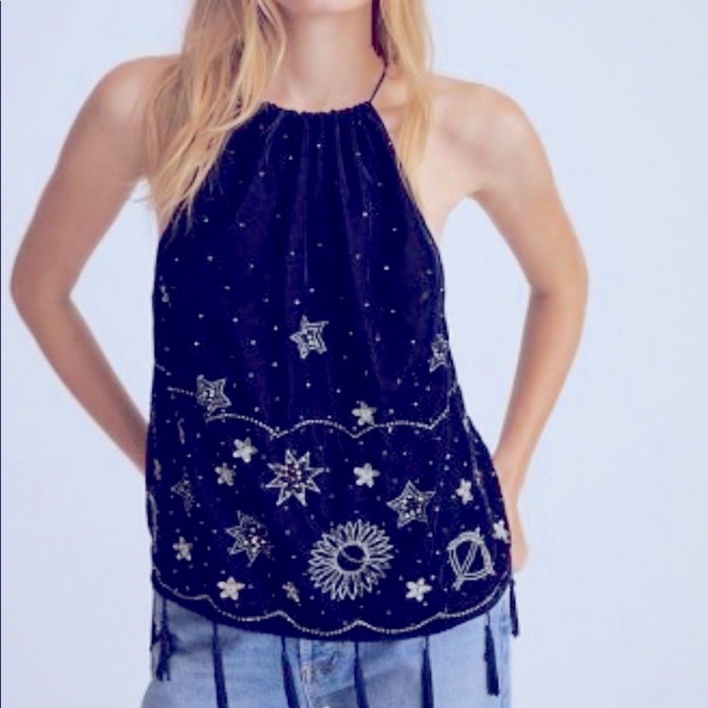 Free People Velvet Astrology Embroidered Sequin Shirt